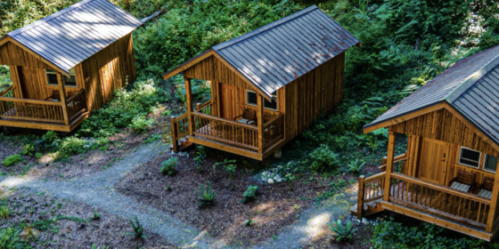 Aerial view of three Hillside Cabins